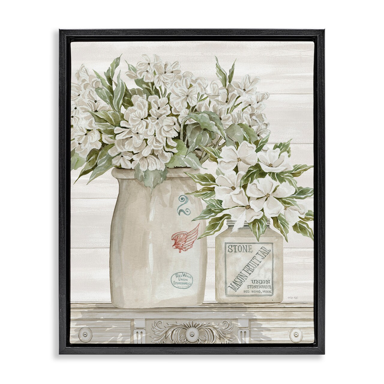 Stupell Industries Alluring White Floral Jars Framed Floater Canvas Wall Art